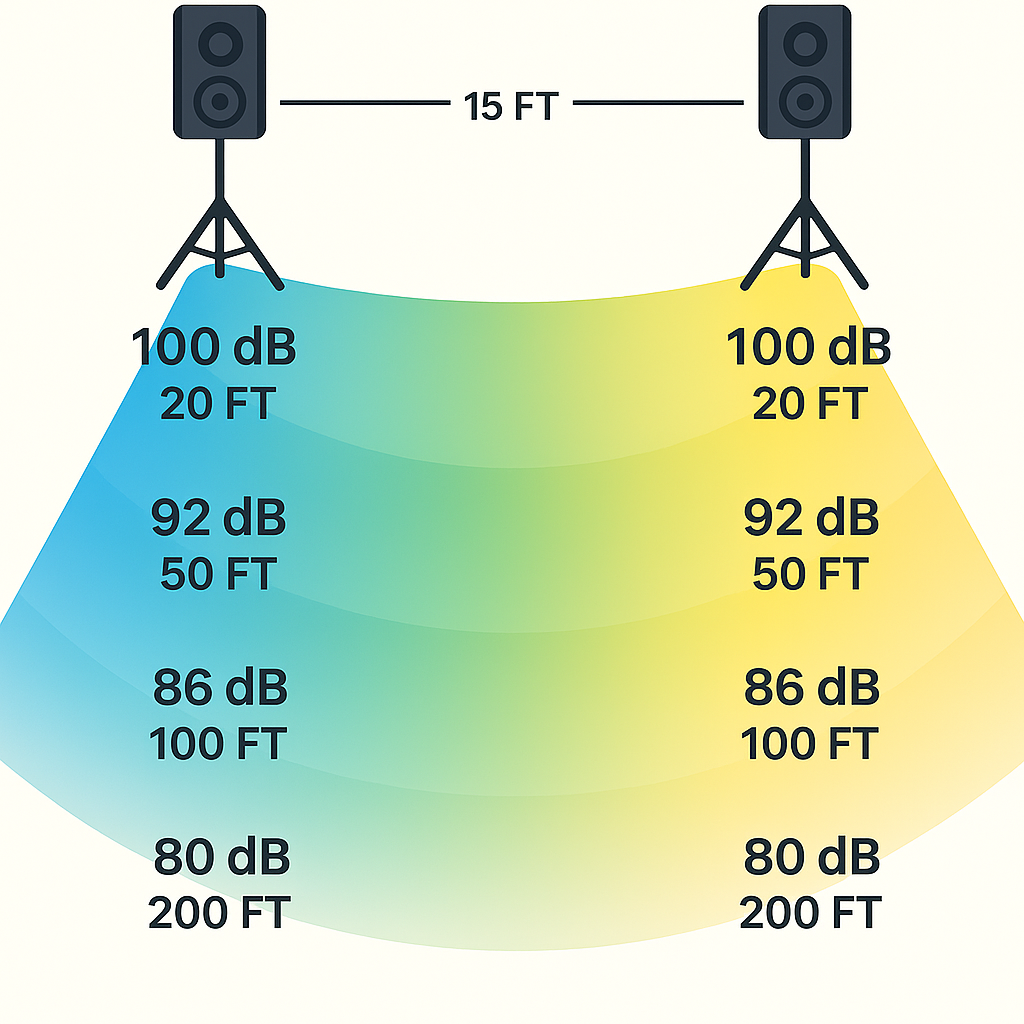 Two speakers on a 15 foot stage projecting sound levels from 20 to 200 feet